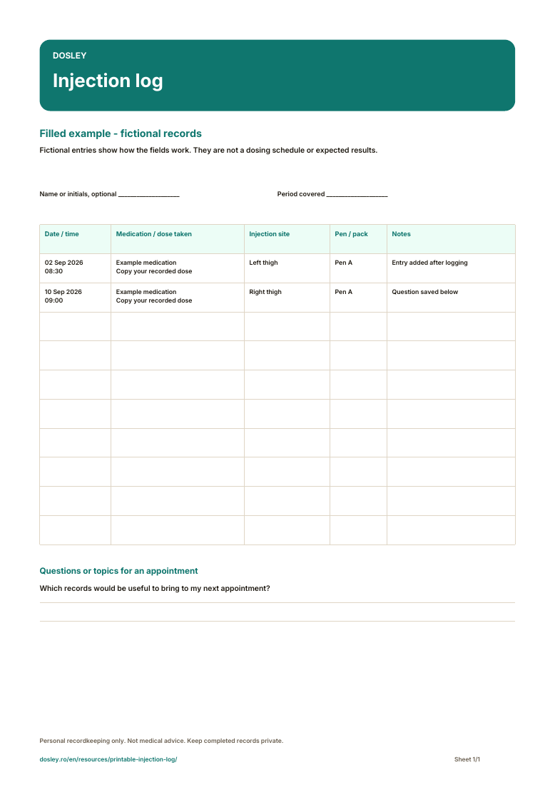 Fictional injection log example with two entries and an appointment question